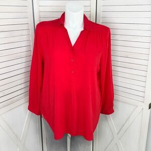 Intro Petite Pullover Tunic Blouse Red PXL Quarter Button Down Rayon